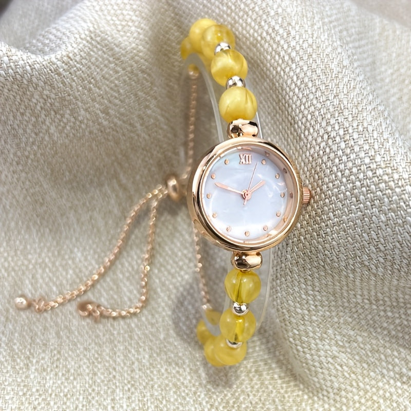 Elegant Rose Golden-Tone Women's Quartz Watch with White Bracelet, Vintage Style Analog Display, Non, Alloy Case & Band, Perfect for Casual or Formal Occasions, Fashion Timepiece | Vintage Watch | Roman Numeral Markers